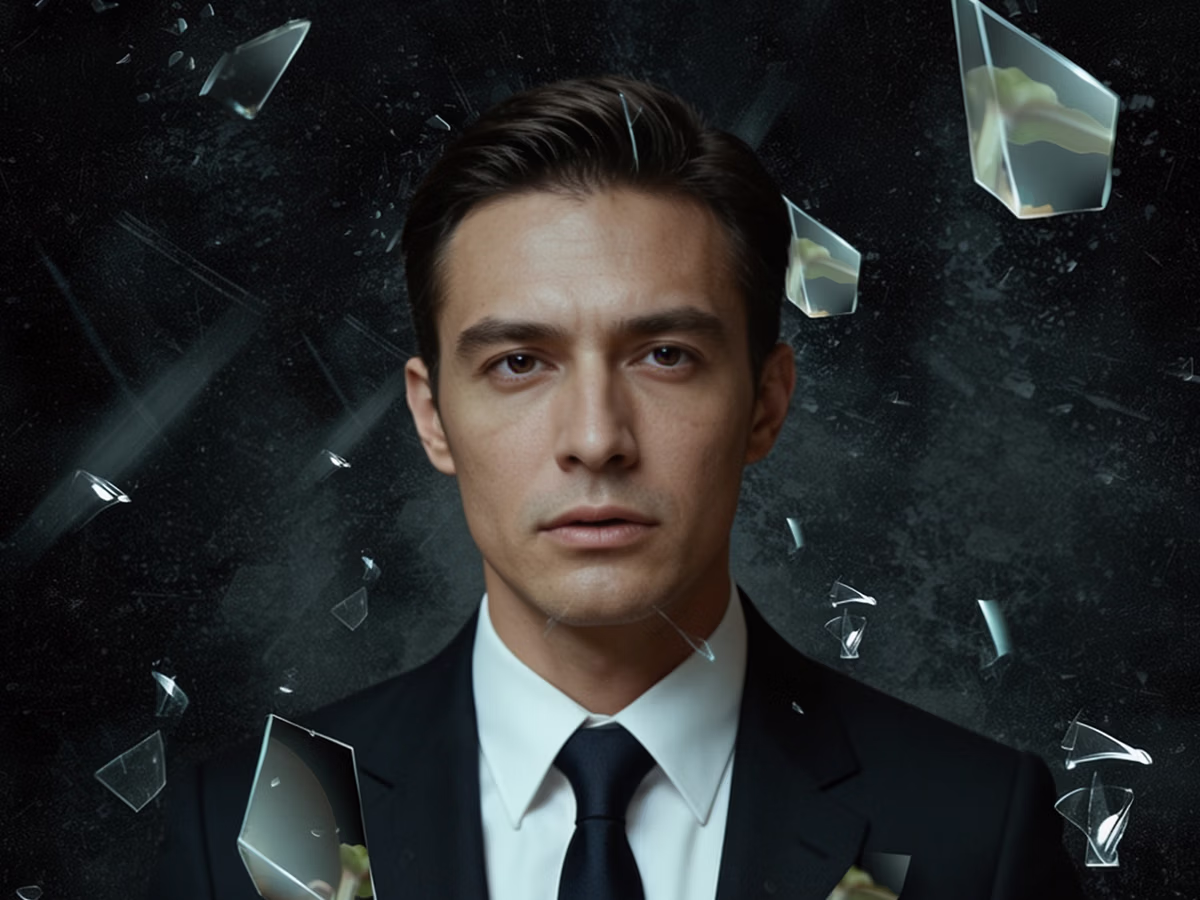 AI abstract professional photo of a businessman with glass breaking surrounding him