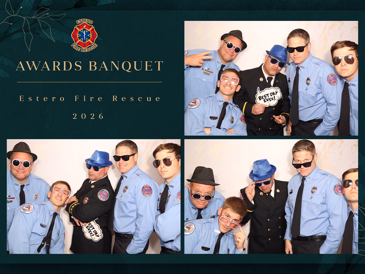 A collage of 3 photos at a corporate event of firemen posing with props and sunglasses using a Photo Magic Events Photo Booth rental